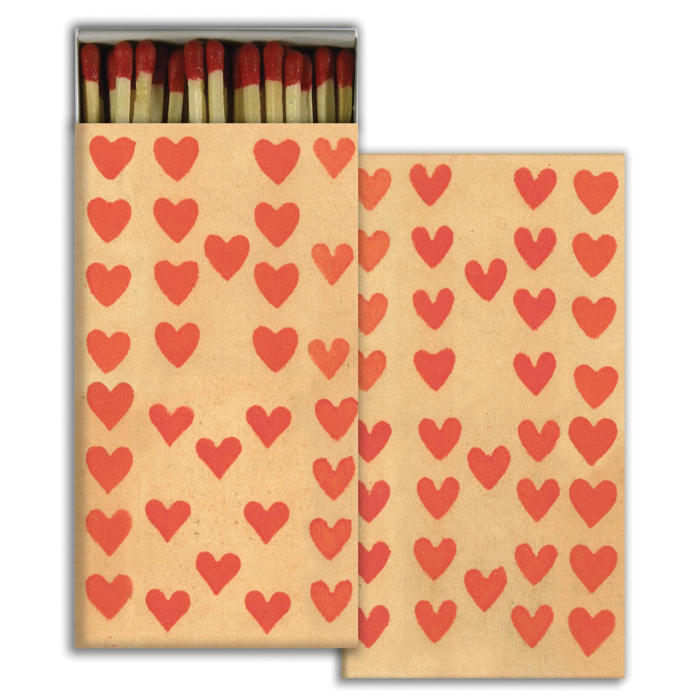 A box of matches with red heart patterns.