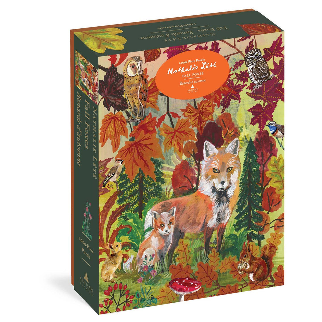 Puzzle box featuring artwork of Nathalie Lété of a pair of fox in an autumn leaves setting. 
