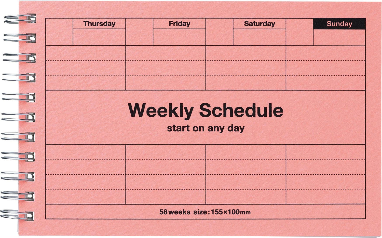 Weekly schedule planner with pink cover and black text.