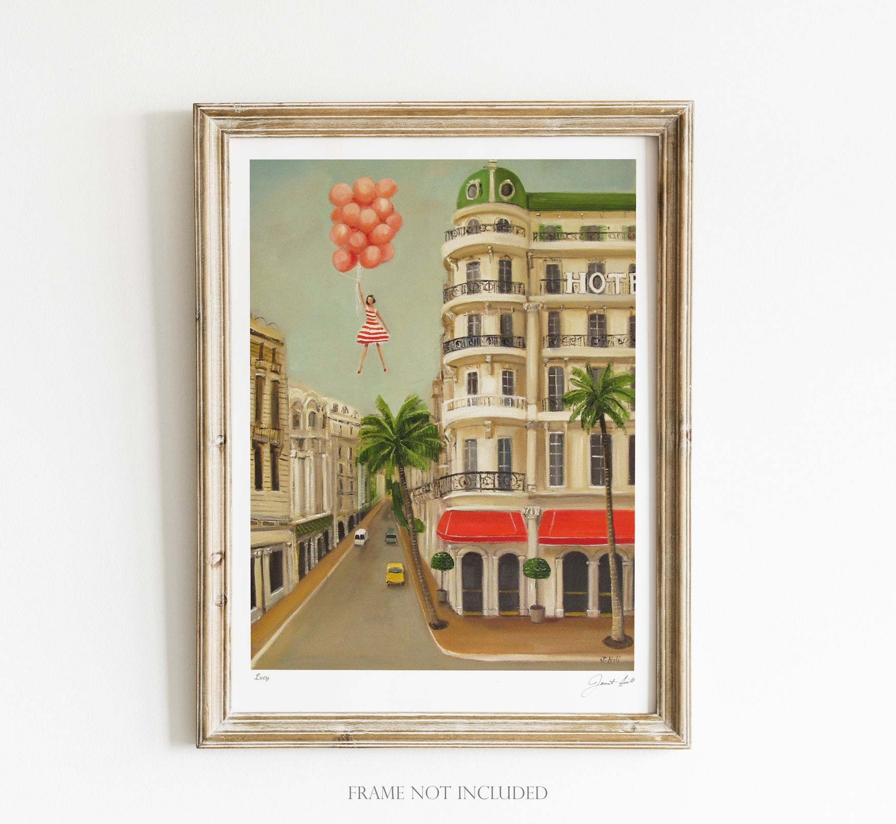 Art print by Janet Hill featuring a boulevard scene with a girl in a striped dress being lifted into the air by pink balloons she is holding.