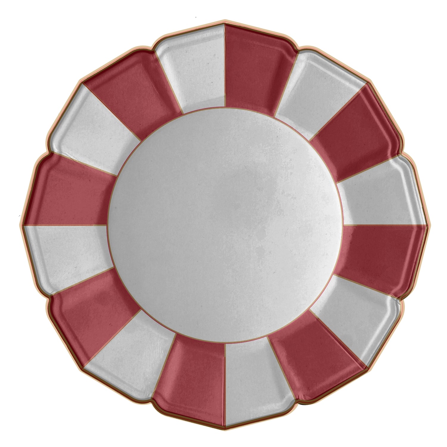 A paper plate with red and white stripes on the outside rim and a gold edging. 