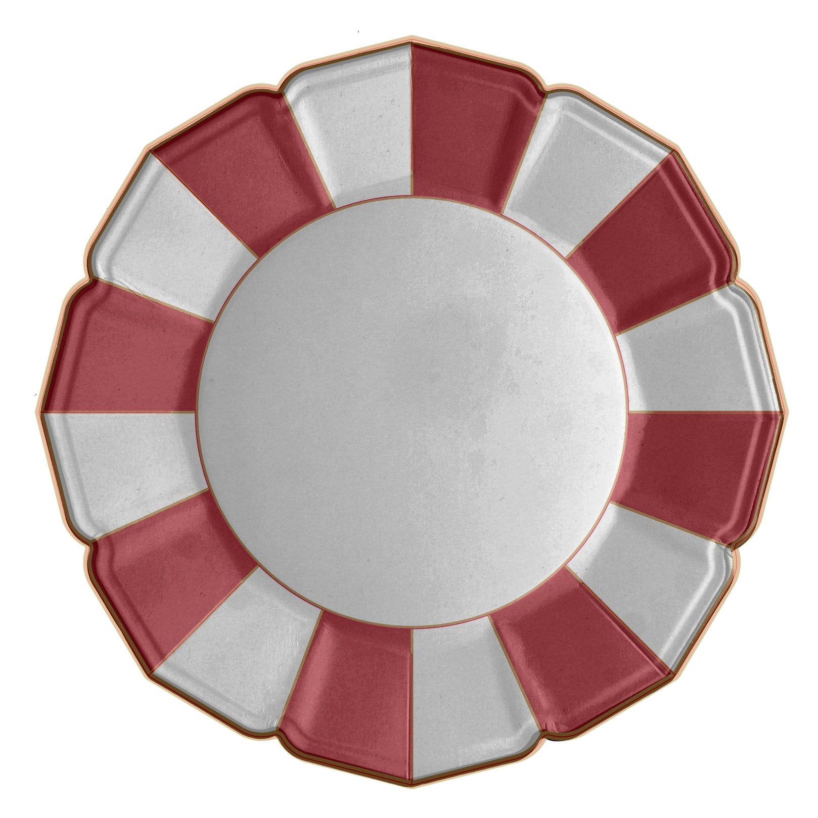 A paper plate with red and white stripes on the outside rim and a gold edging. 