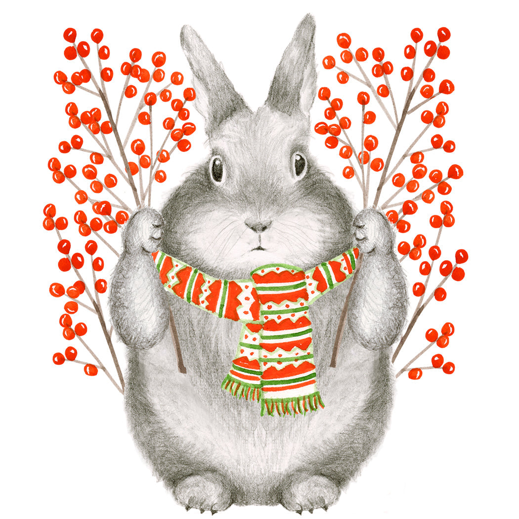 A hand-drawn illustration of a bunny holding holding sprigs of bright red winterberry with a scarf around his neck.