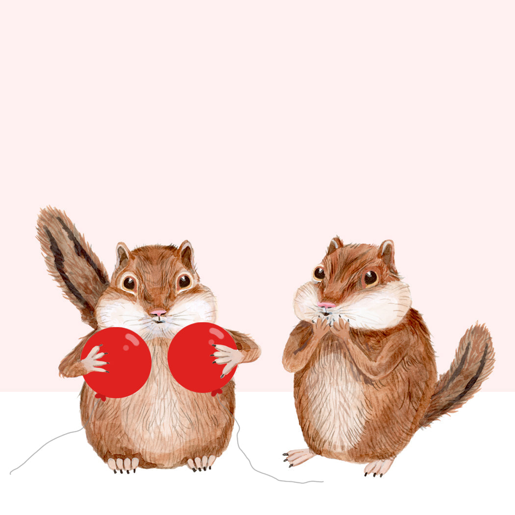 A hand-drawn illustration of a chipmunk holding two red balloons over its chest and another with its hands over its mouth.