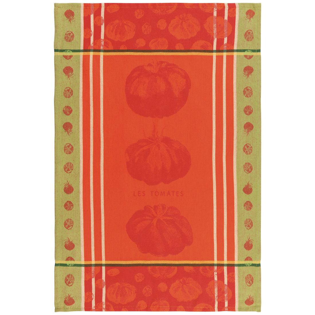 Kitchen towel printed with tomatoes on red and green.