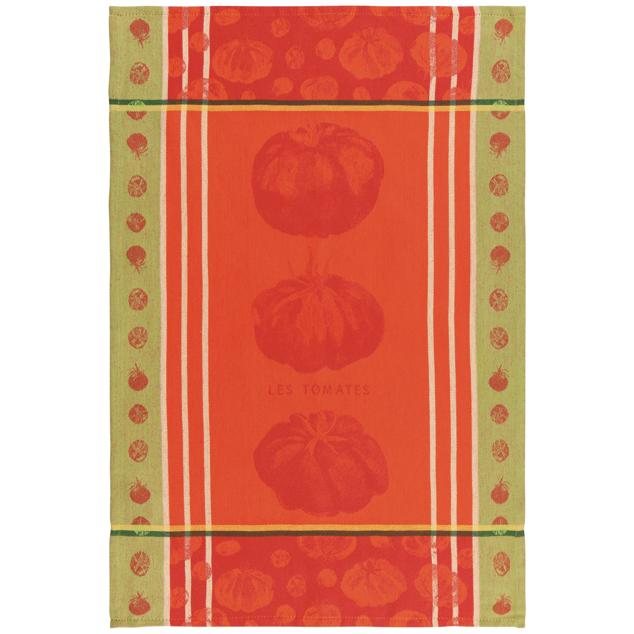 Kitchen towel printed with tomatoes on red and green.