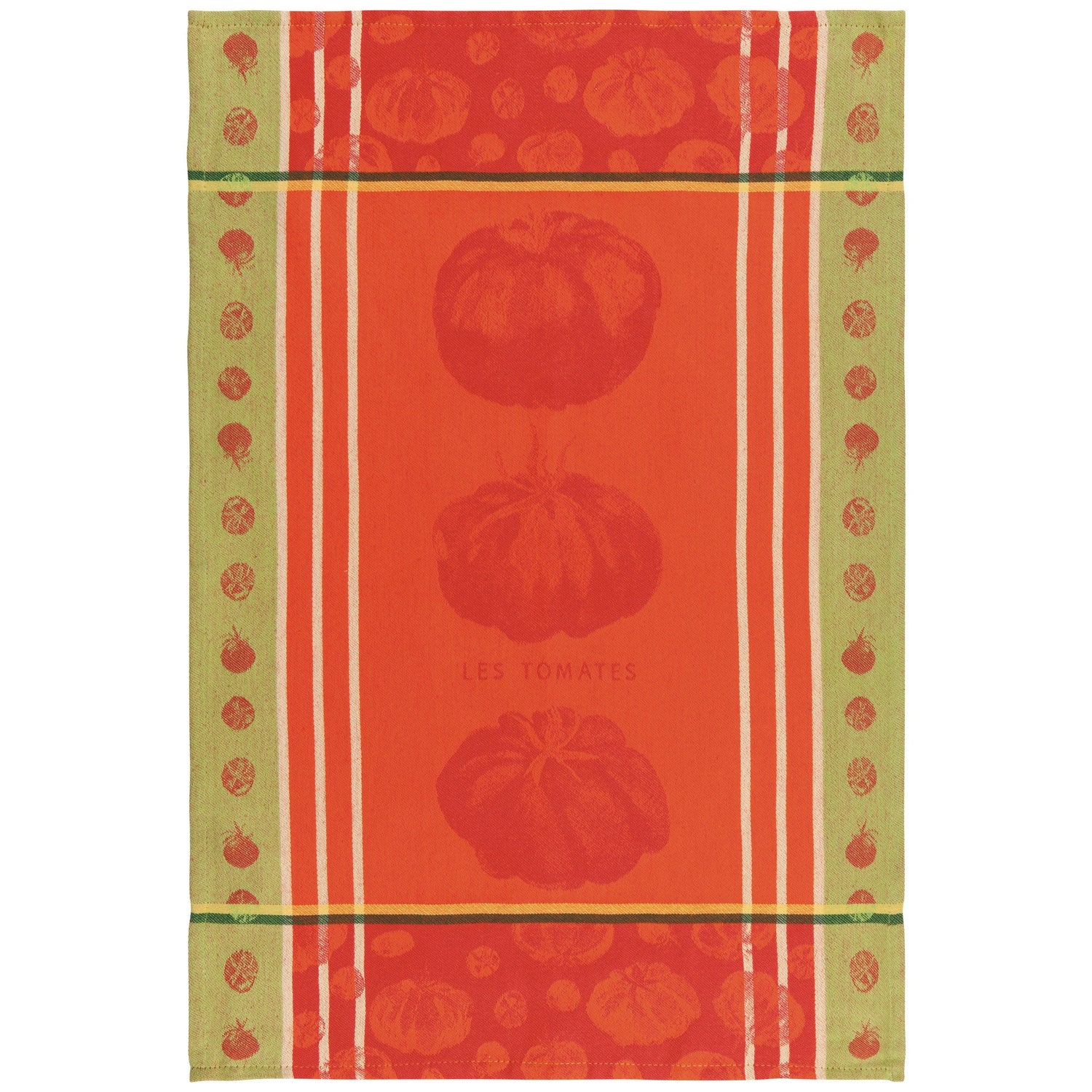 Kitchen towel printed with tomatoes on red and green. 