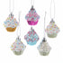 A set of 6 colorful, sparkly cupcake ornaments on silver strings on a white background.