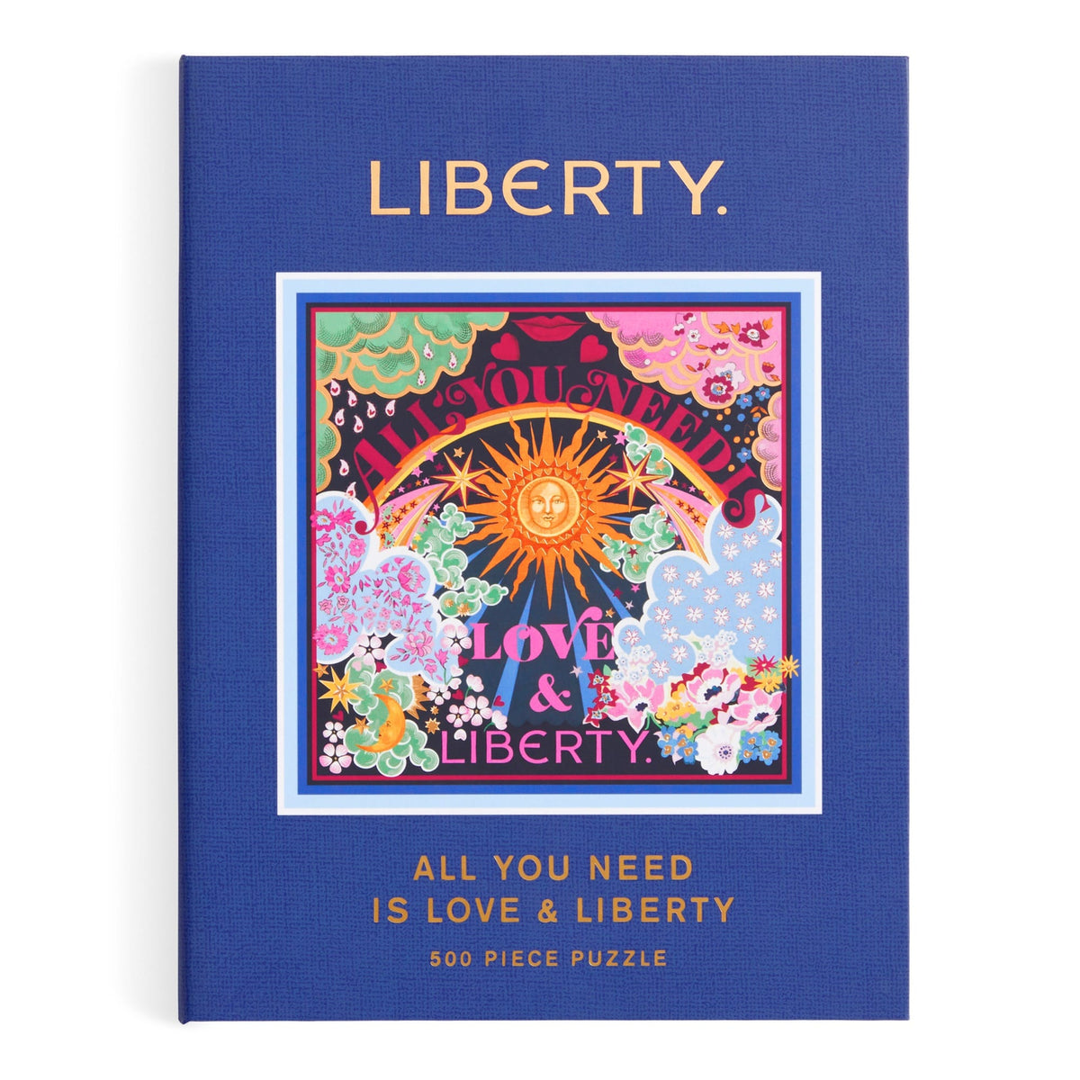 A jigsaw puzzle designed to look like a keepsake box with magnetic closure, titled "Liberty All You Need is Love Puzzle" featuring a colorful, Thorpe print design. It consists of the Liberty All You Need is Love 500 Piece Book Puzzle by Chronicle Books.