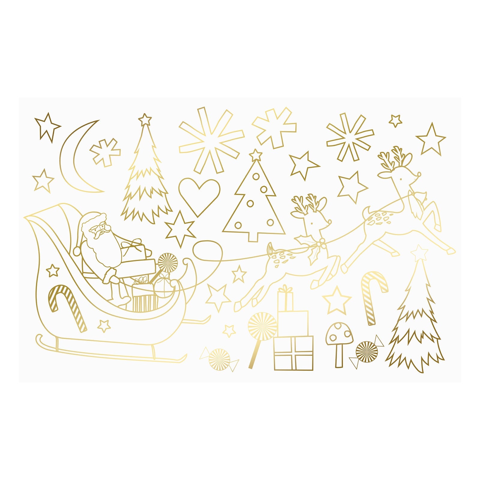 Gold Christmas-themed illustrations including Santa in sleigh, reindeer, trees, and stars on a white background.