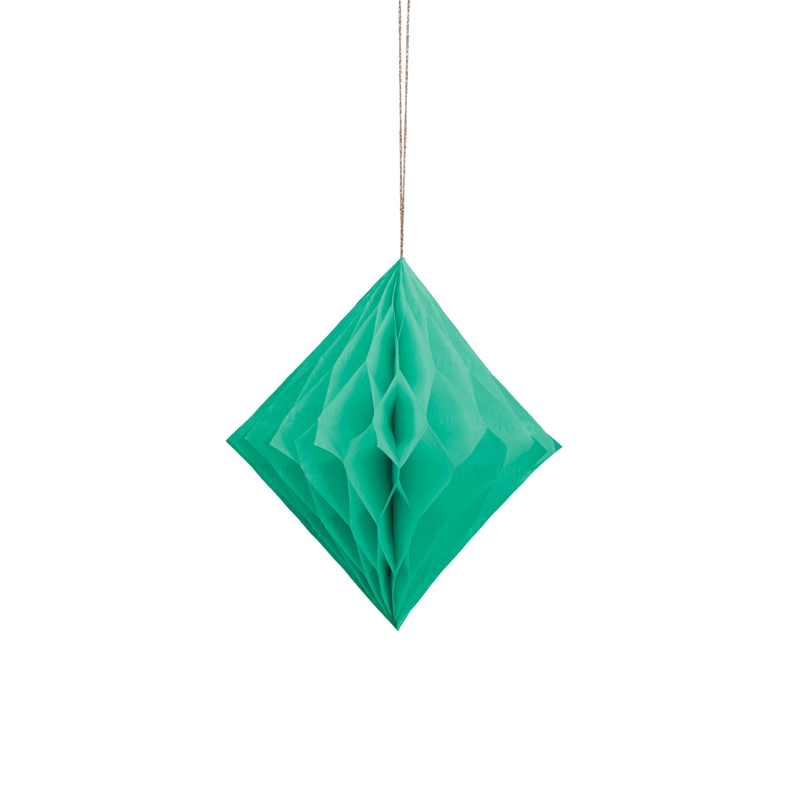 Green diamond-shaped paper ornament hanging on a white background.