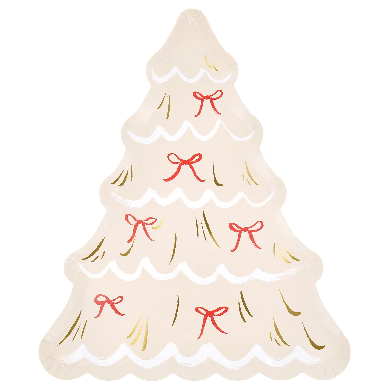 Cream paper plate shaped like a tree with red bows on it by Meri Meri.