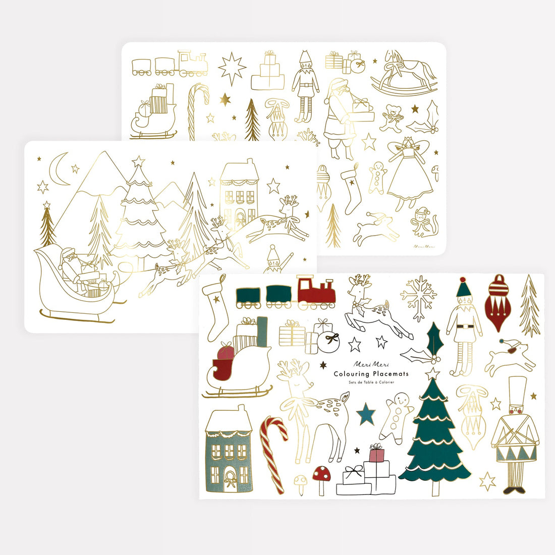 Christmas coloring placemats that include coloring sheets for kids, with fabulous goid foil illustrations.