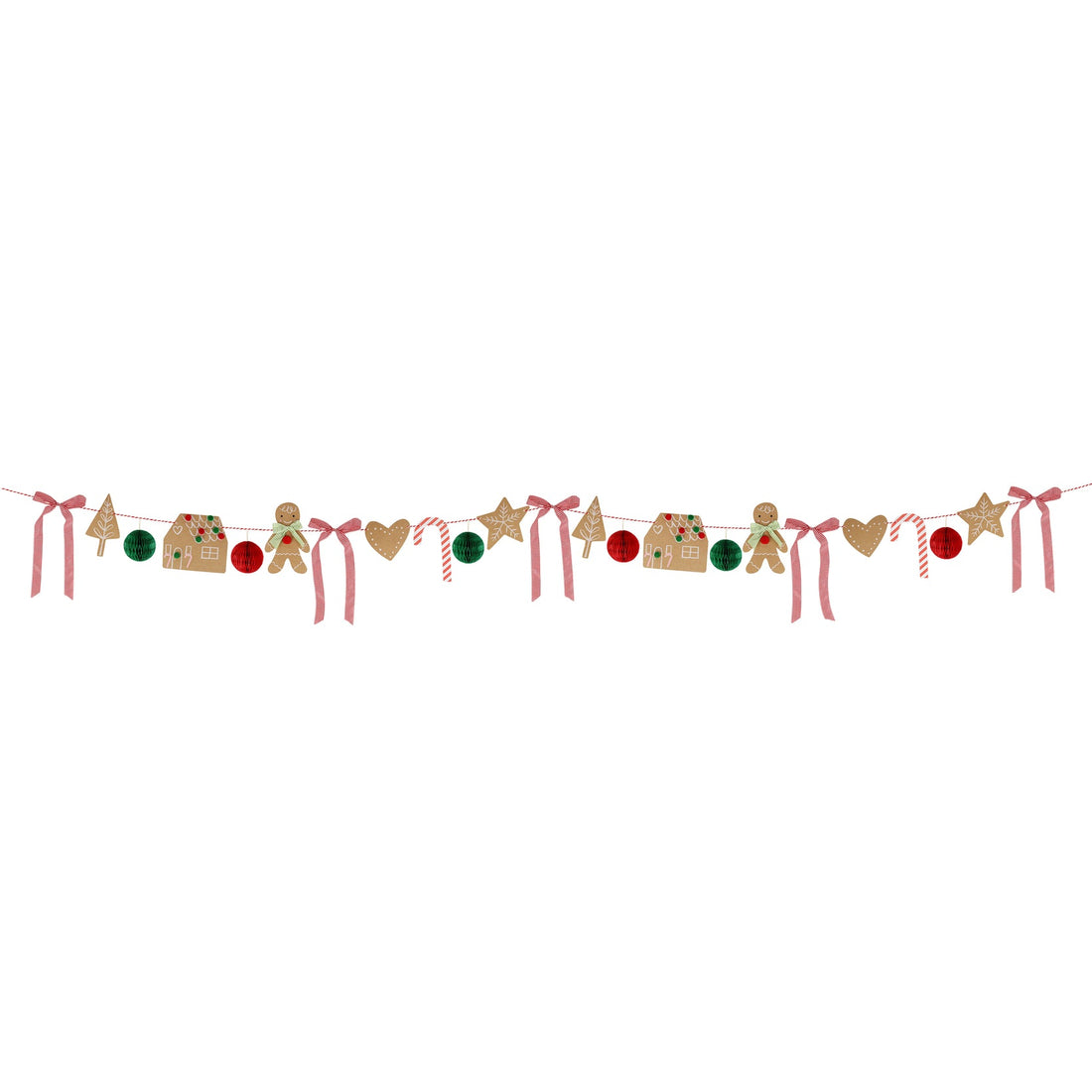 The  gingerbread garland features 10 kraft gingerbread pennants, 2 printed candy canes, 6 honeycomb balls and 5 red and white gingham ribbon bows.  The gingerbread people are beautifully embellished with green and white gingham bows. The red and green honeycomb balls feature hidden magnets to keep them open at 360 degrees. The gingerbread houses and people have adorable little red and green pom pom embellishments all on Red and white bakers twine.