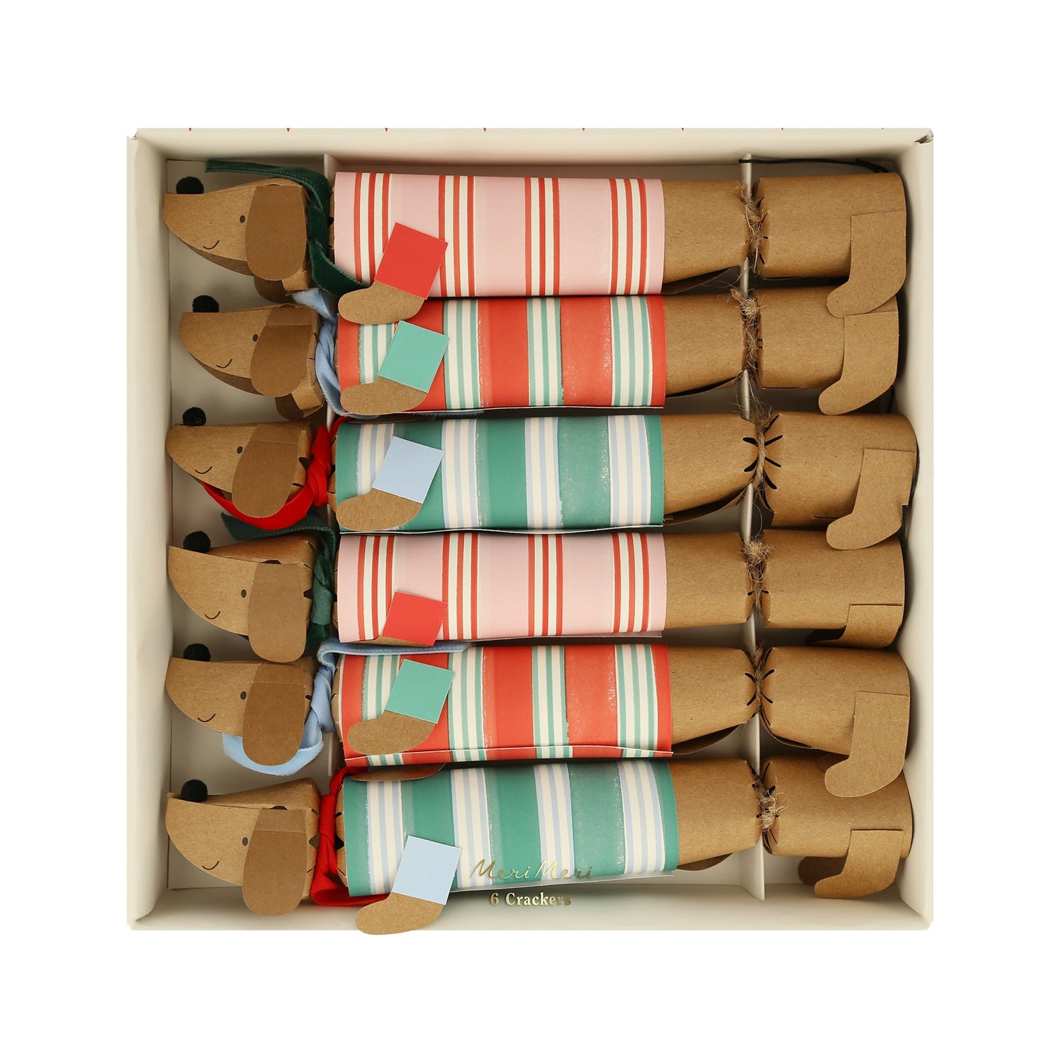 Festive Stripe Sausage Dog Crackers in a box.