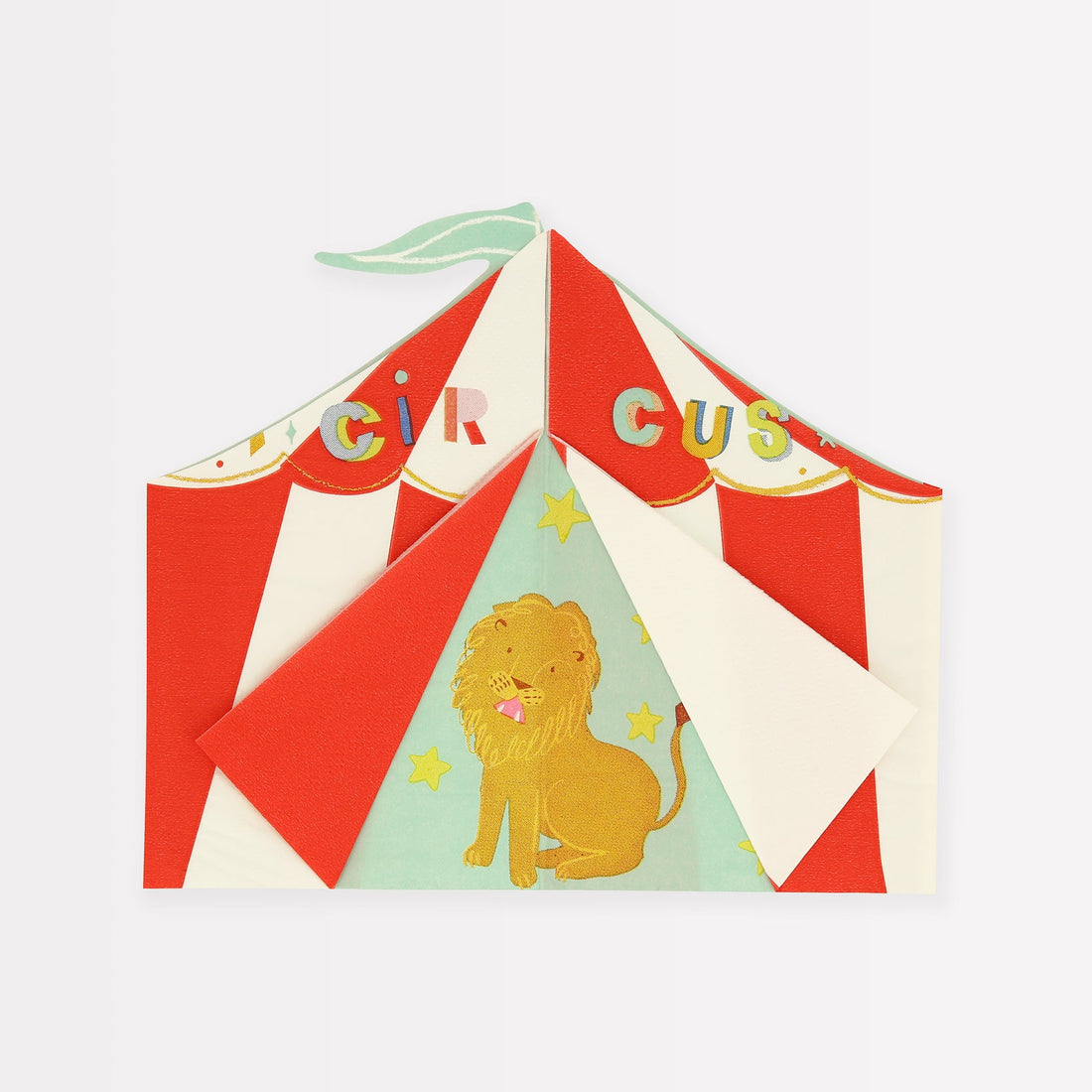 Red and white circus tent paper design with a lion illustration on Meri Meri&