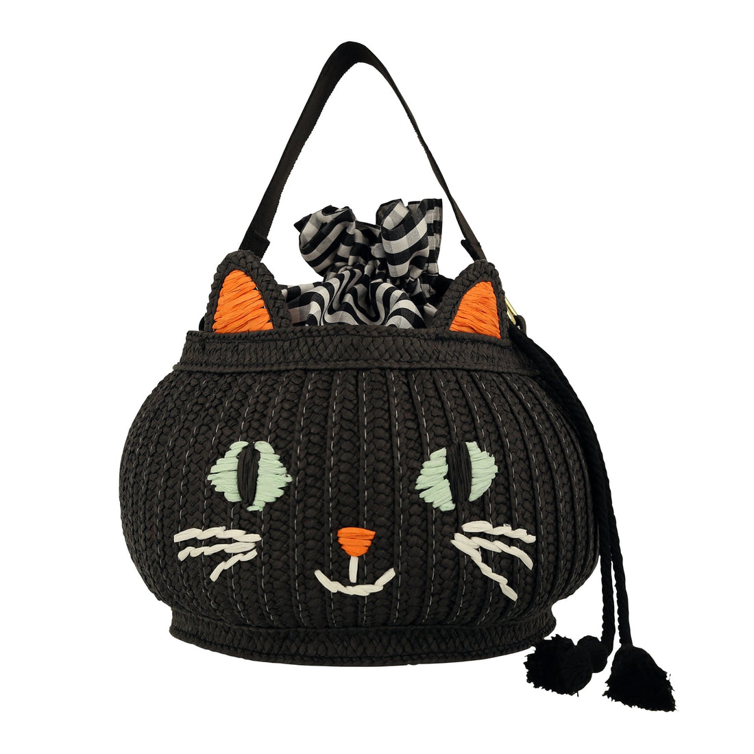 Black basket bag with cat face stitched on the front.