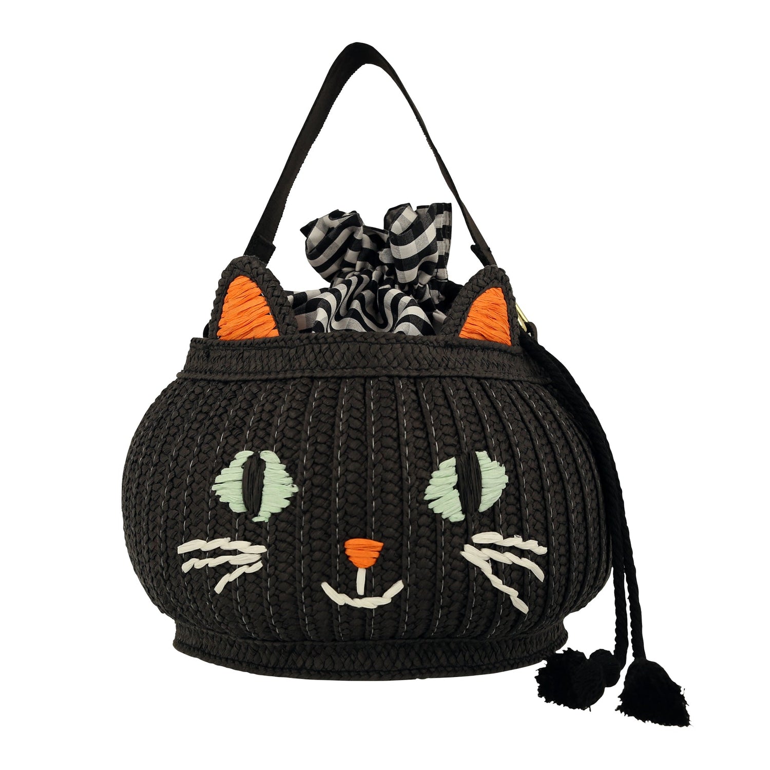Black basket bag with cat face stitched on the front.