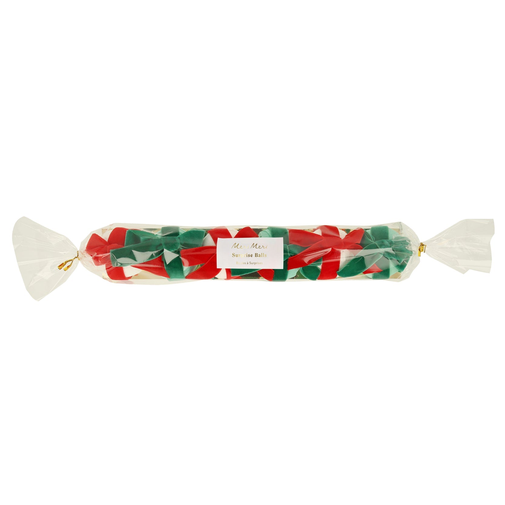 6 Surprise balls - 3 with white crepe paper and red velvet ribbons, and 3 with mint crepe paper and green velvet ribbons in a package.