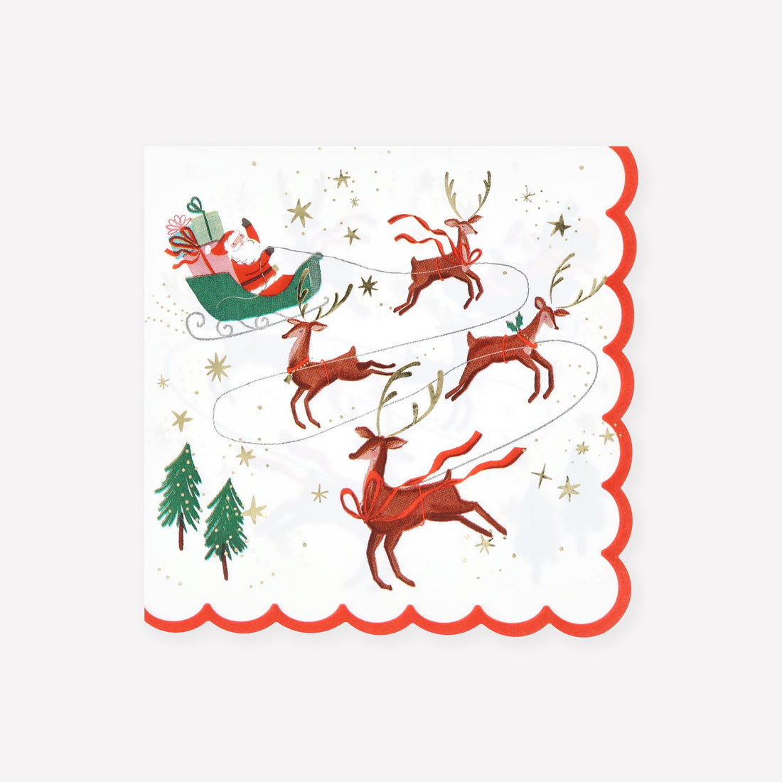 Decorative paper napkin from Meri Meri featuring an illustration of Santa and his reindeer on it. 