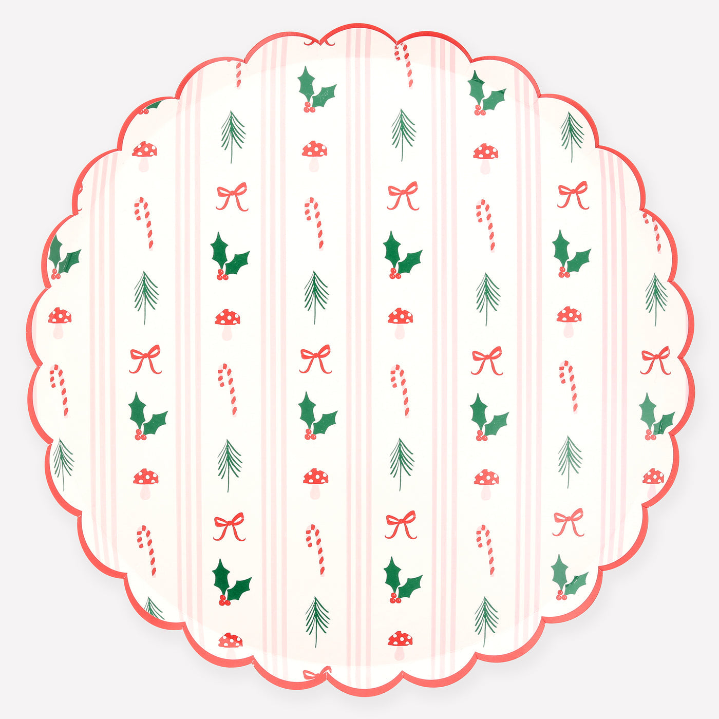Decorative paper plate with Christmas-themed pattern on a white background.
