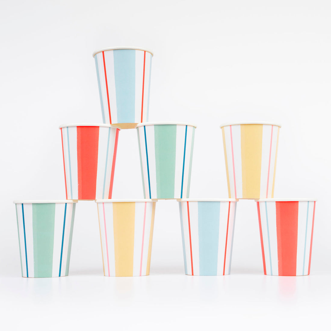 Meri Meri Preppy Stripe Cups in fun primary colors stacked up.