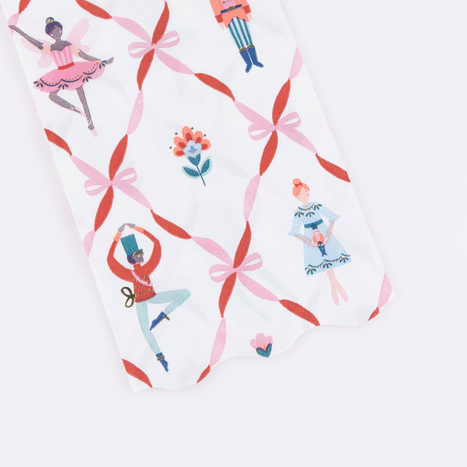 lustrated paper napkin with ballet dancers, flowers, and ribbons on a white background.