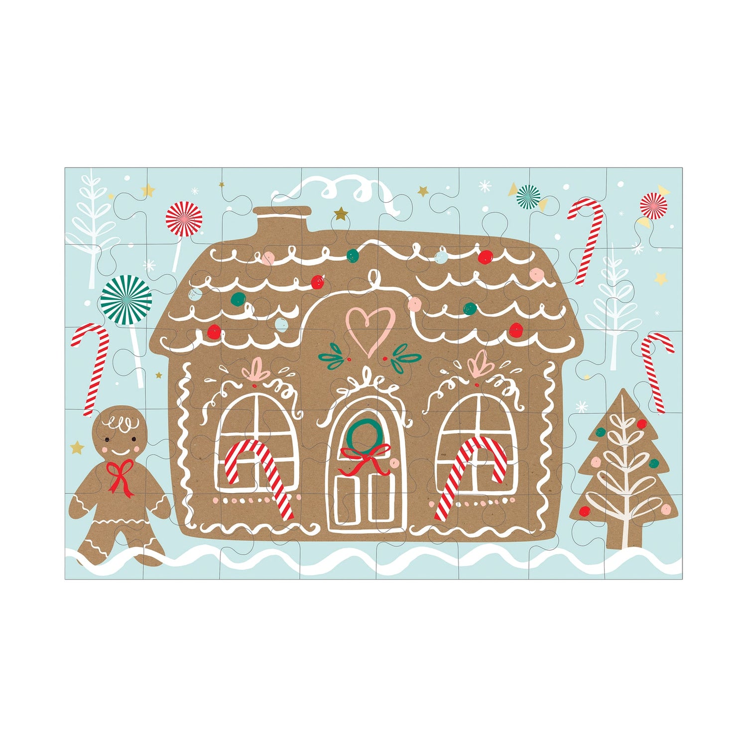 Puzzle with an illustration of a gingerbread house with decorative elements on a light blue background.