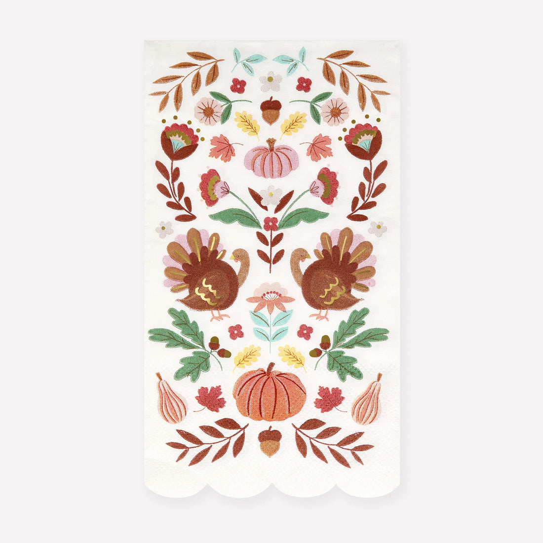 Guest napkin with autumn-themed illustrations on a white background. 