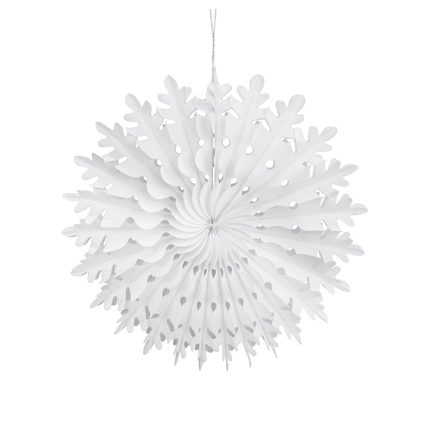 White decorative snowflake ornament on a white background.