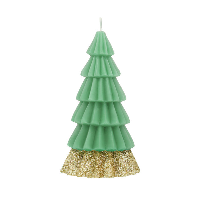 A green tree shaped candle with a gold glittered lower segment. 