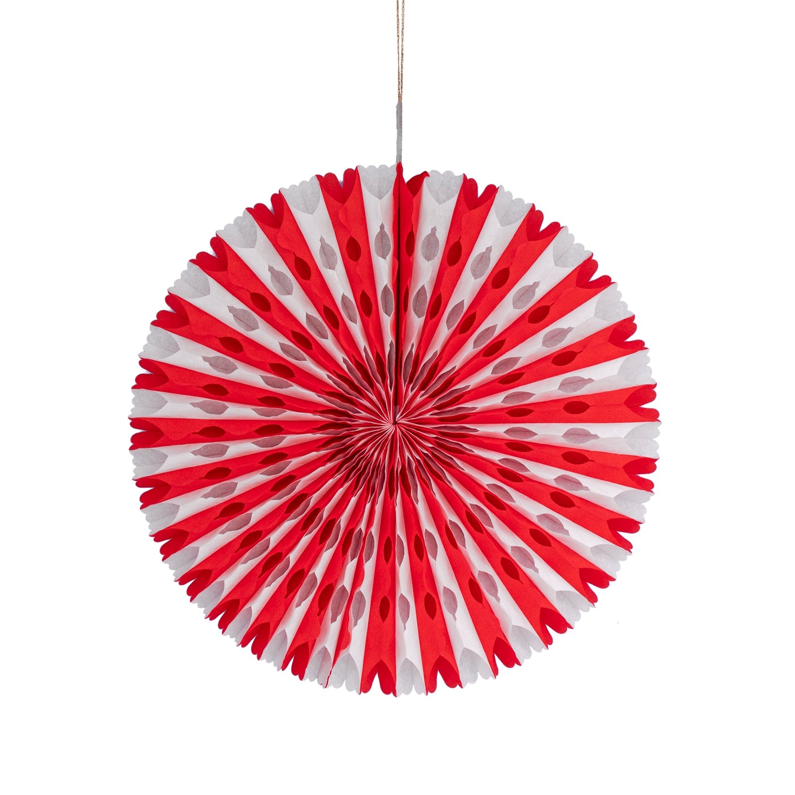 Decorative paper fan with red and white pattern on a white background.