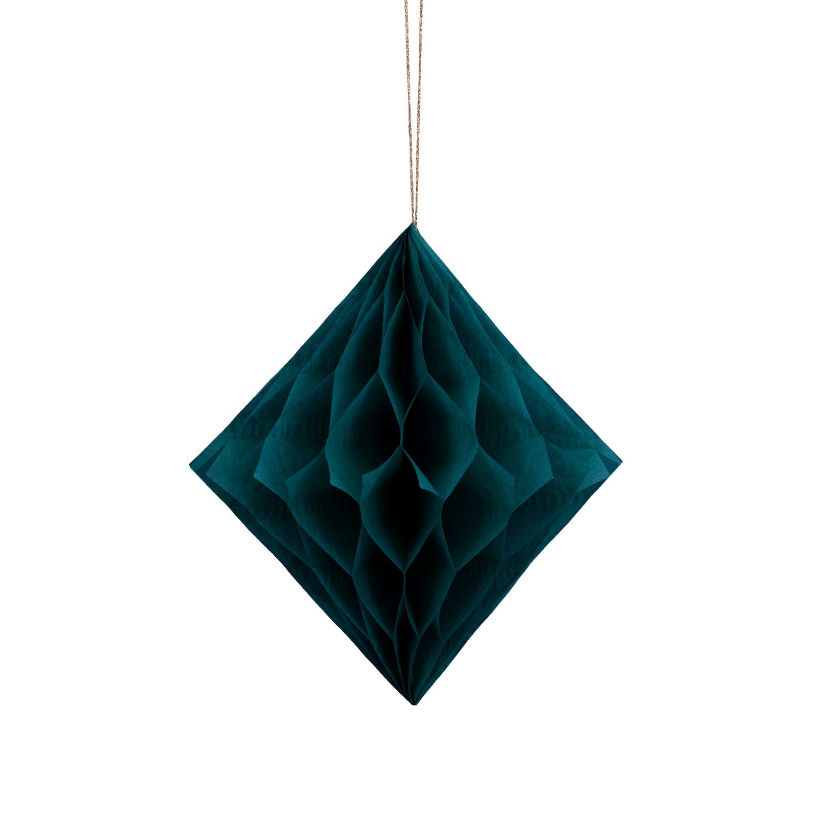 Teal honeycomb hanging decor on a white background.