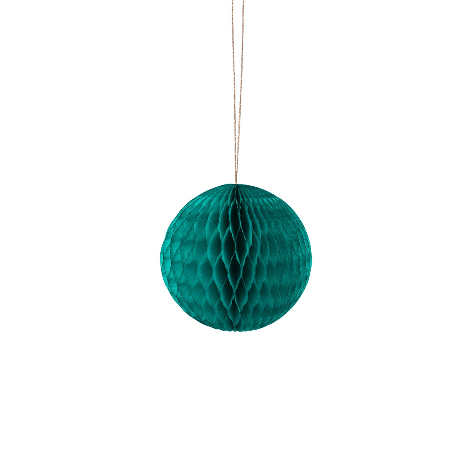 Teal honeycomb ball hanging on a white background.