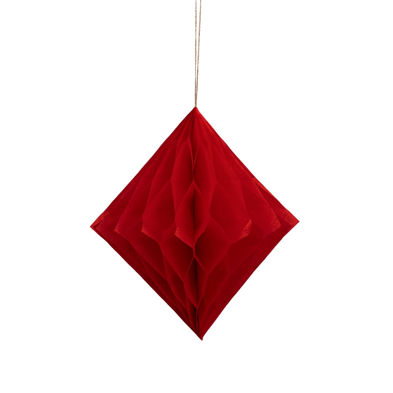 Red geometric hanging decor on a white background.