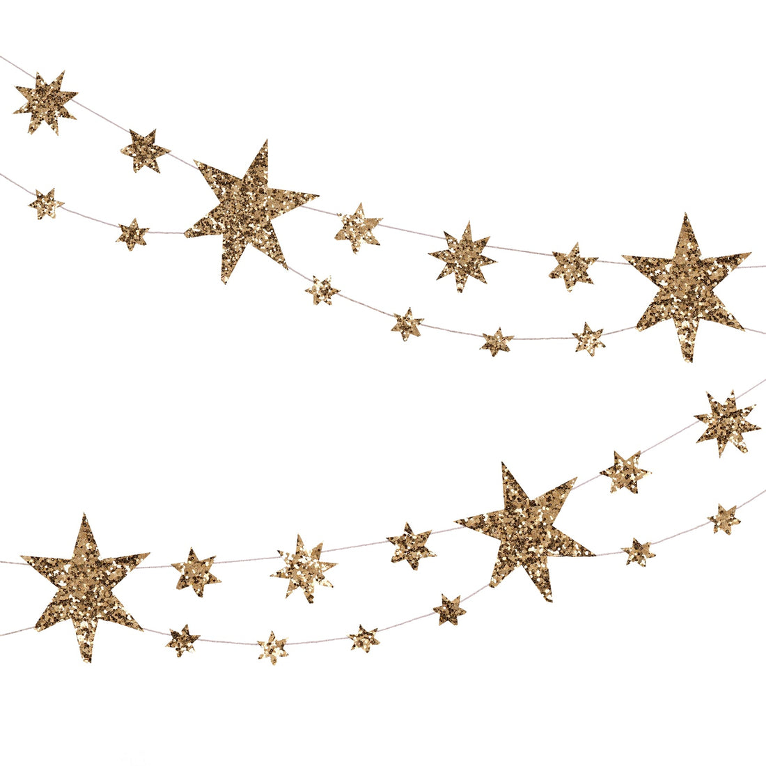 Gold star garland on a white background.
