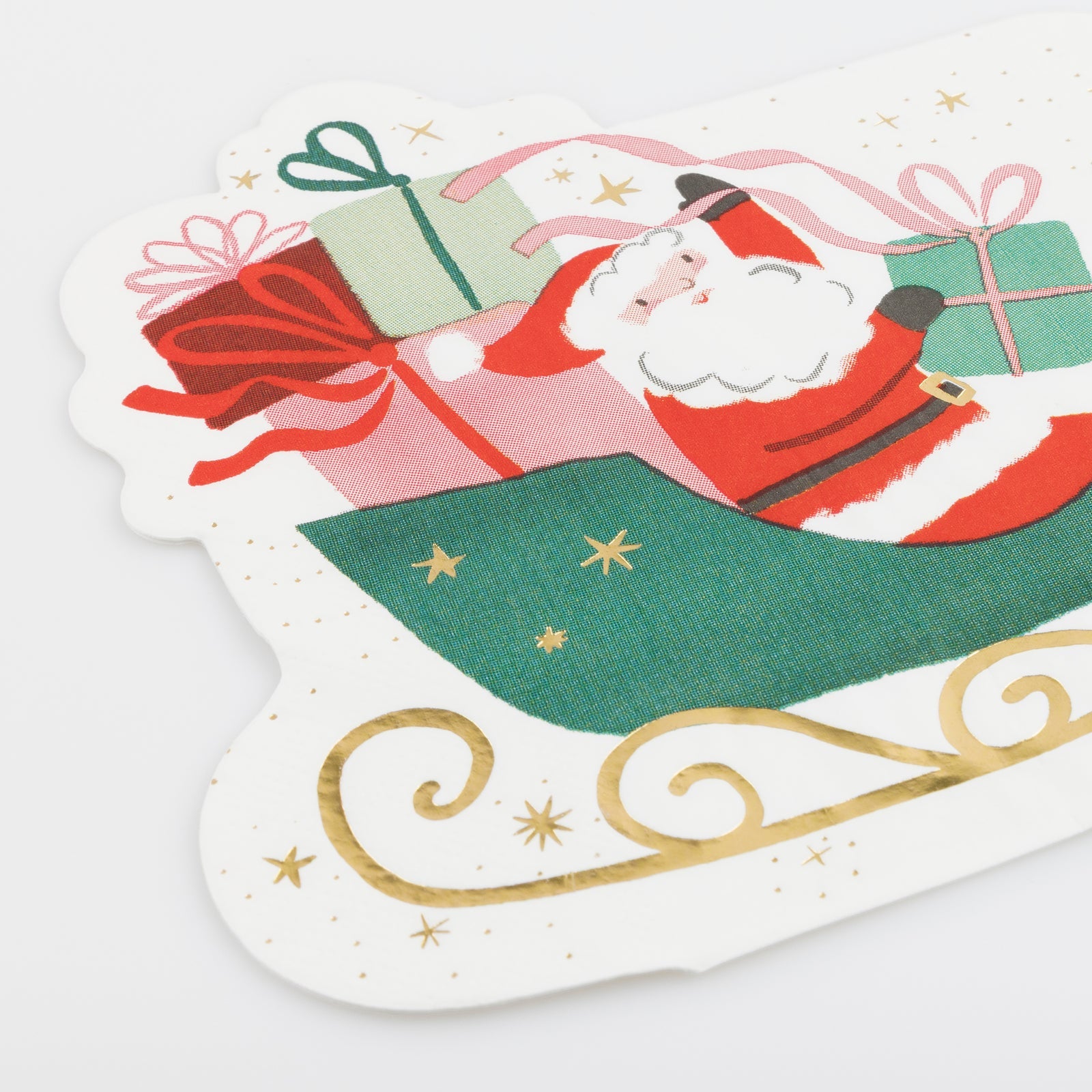 Illustration of Santa Claus on a sleigh with presents, on a white background.