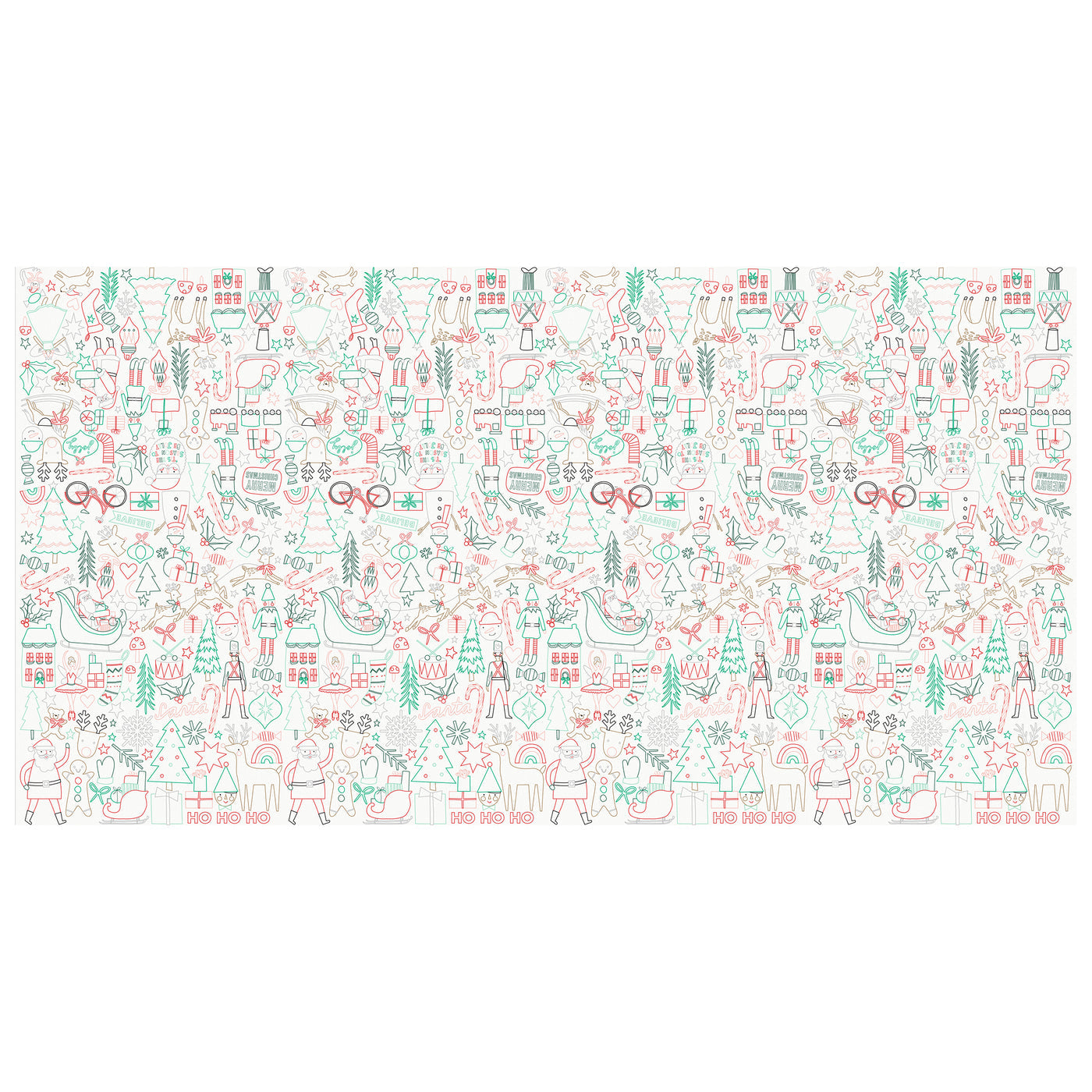 Pattern of Christmas icons in red and green printed on a paper tablecloth on a white background.