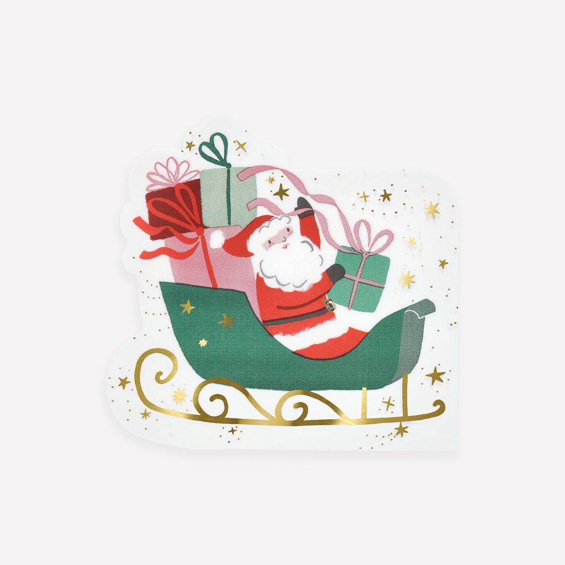 Illustration of Santa Claus in a sleigh with presents on a white background.