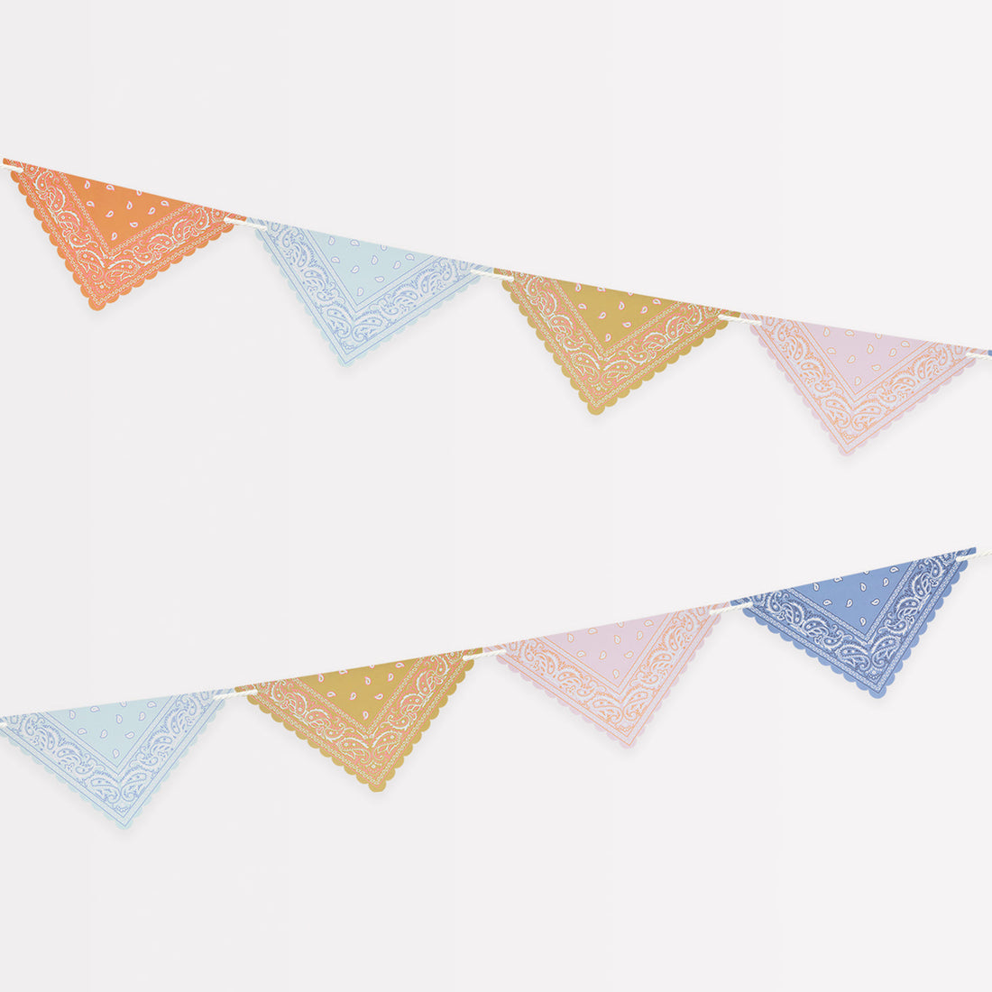 Paper garland with 10 bandana shaped pennants in five colors, including orange, mint, ochre, pale pink and blue by Meri Meri.