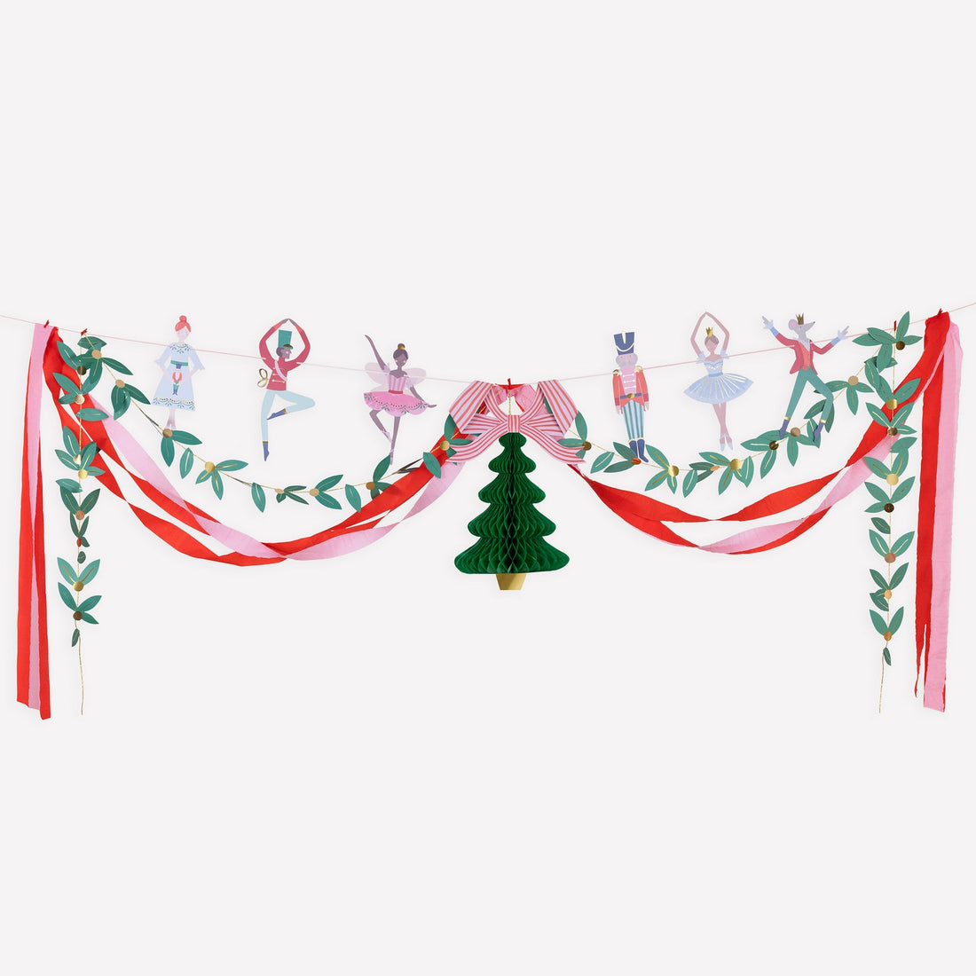 Decorative garland with ribbons, trees, and figures on a white background