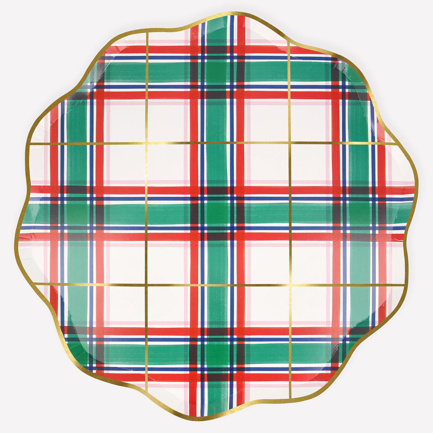 Decorative plate with red, green, and white plaid pattern on a white background