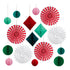 Colorful paper honeycomb decorations including fans and balls on a white background.