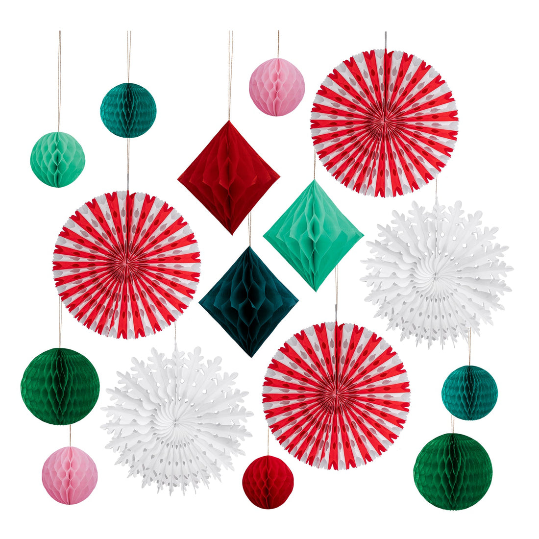 Colorful paper honeycomb decorations including fans and balls on a white background. 