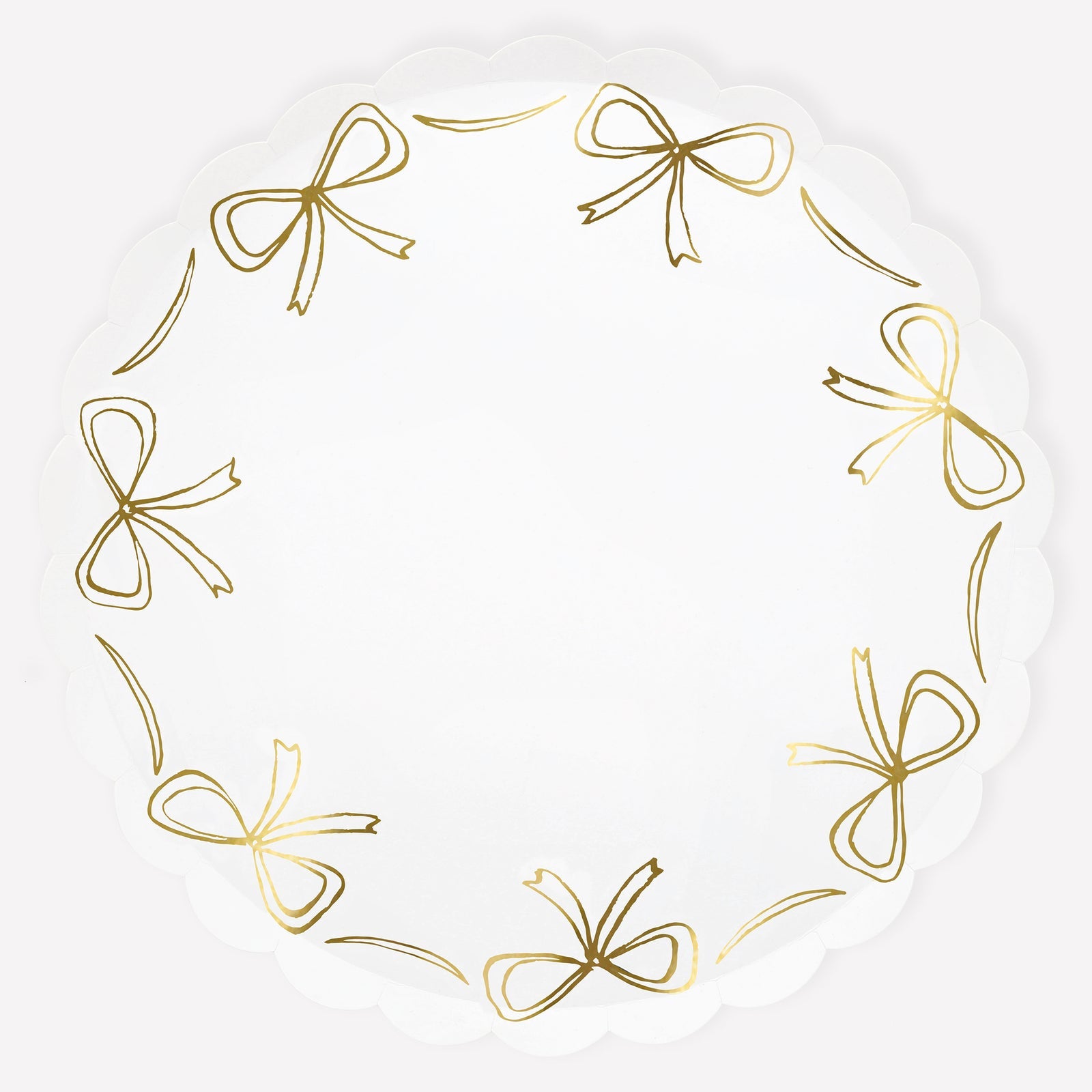 Paper plate by Meri Meri with gold bow illustrations around the edge.