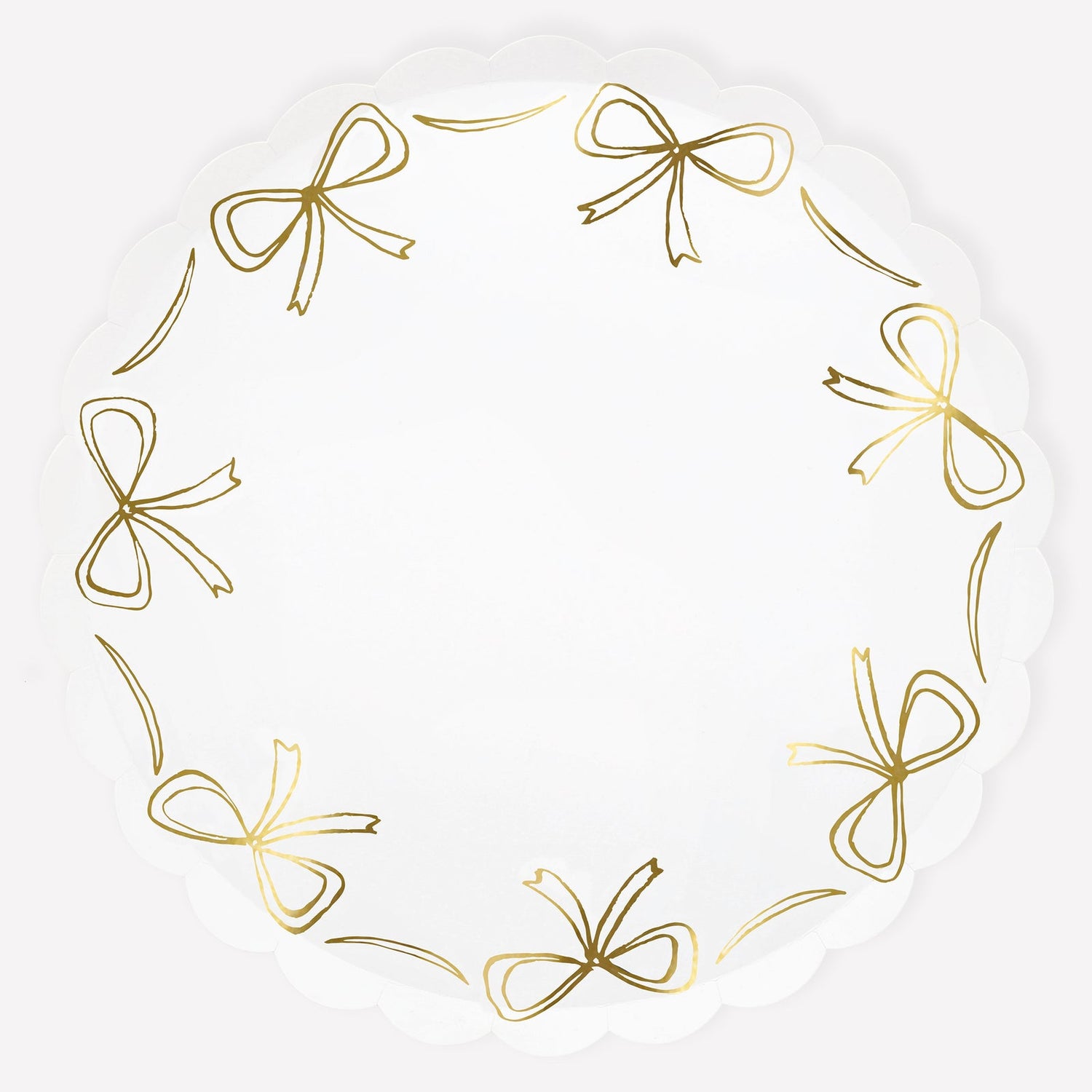 Paper plate by Meri Meri with gold bow illustrations around the edge.