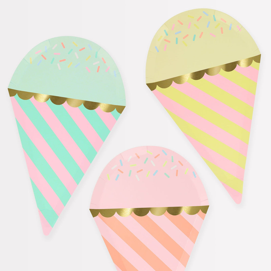 Meri Meri Ice Cream with Sprinkles Plate. 3 different color combinations, 2 x mint and pink, 3 x yellow and pink and 3 x coral and pink with shiny gold foil details.