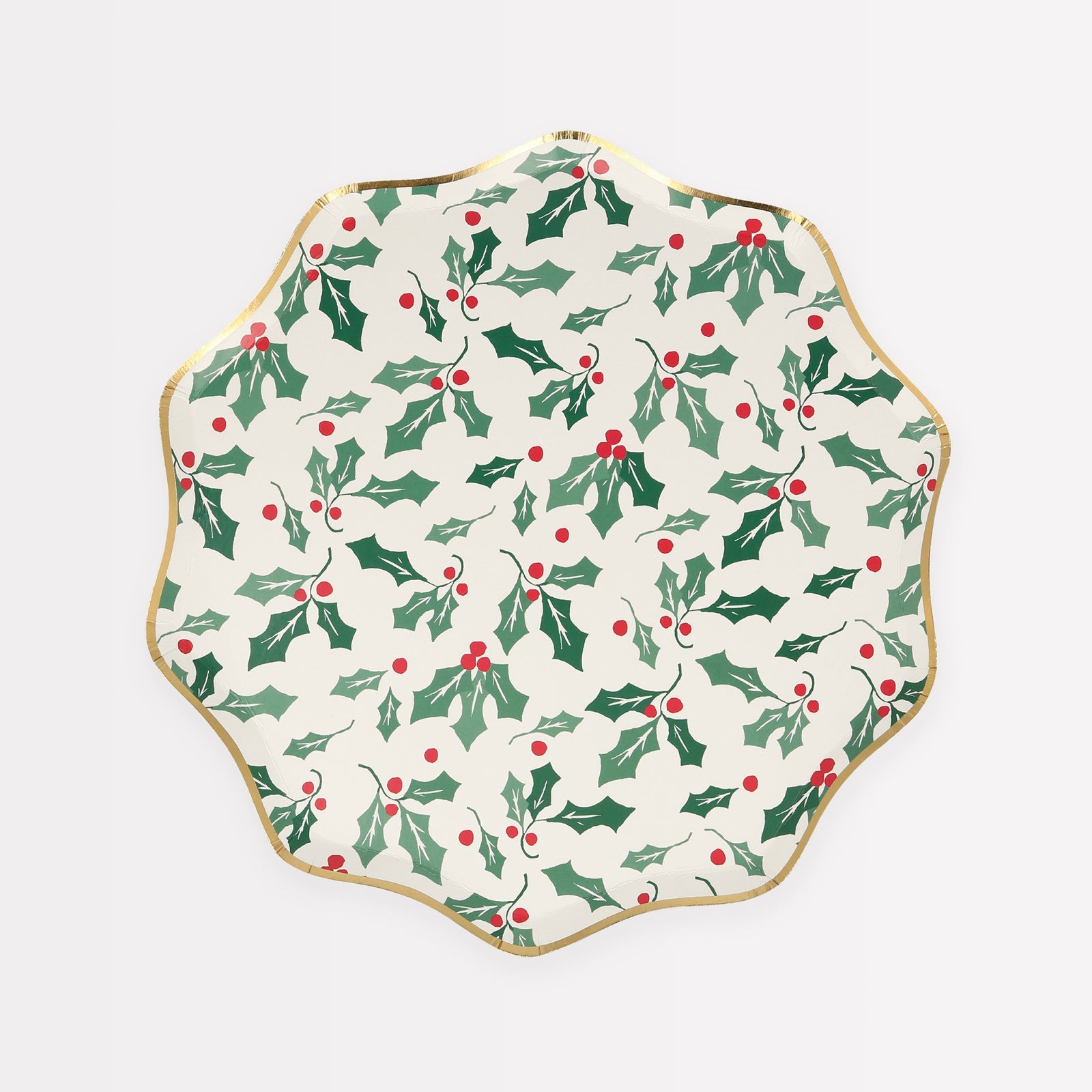 Meri Meri Holly Side paper plates featuring a holly design, wavy border and shiny gold foil details, perfect to add to your Christmas party supplies.
