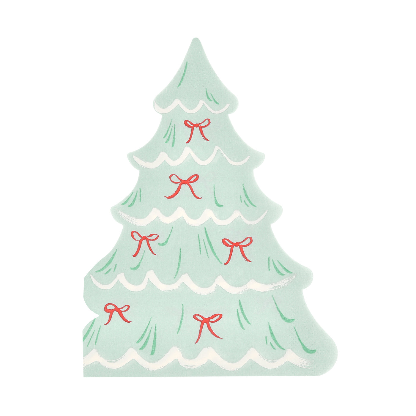 Mint Christmas tree napkin with red ribbons on a white background.