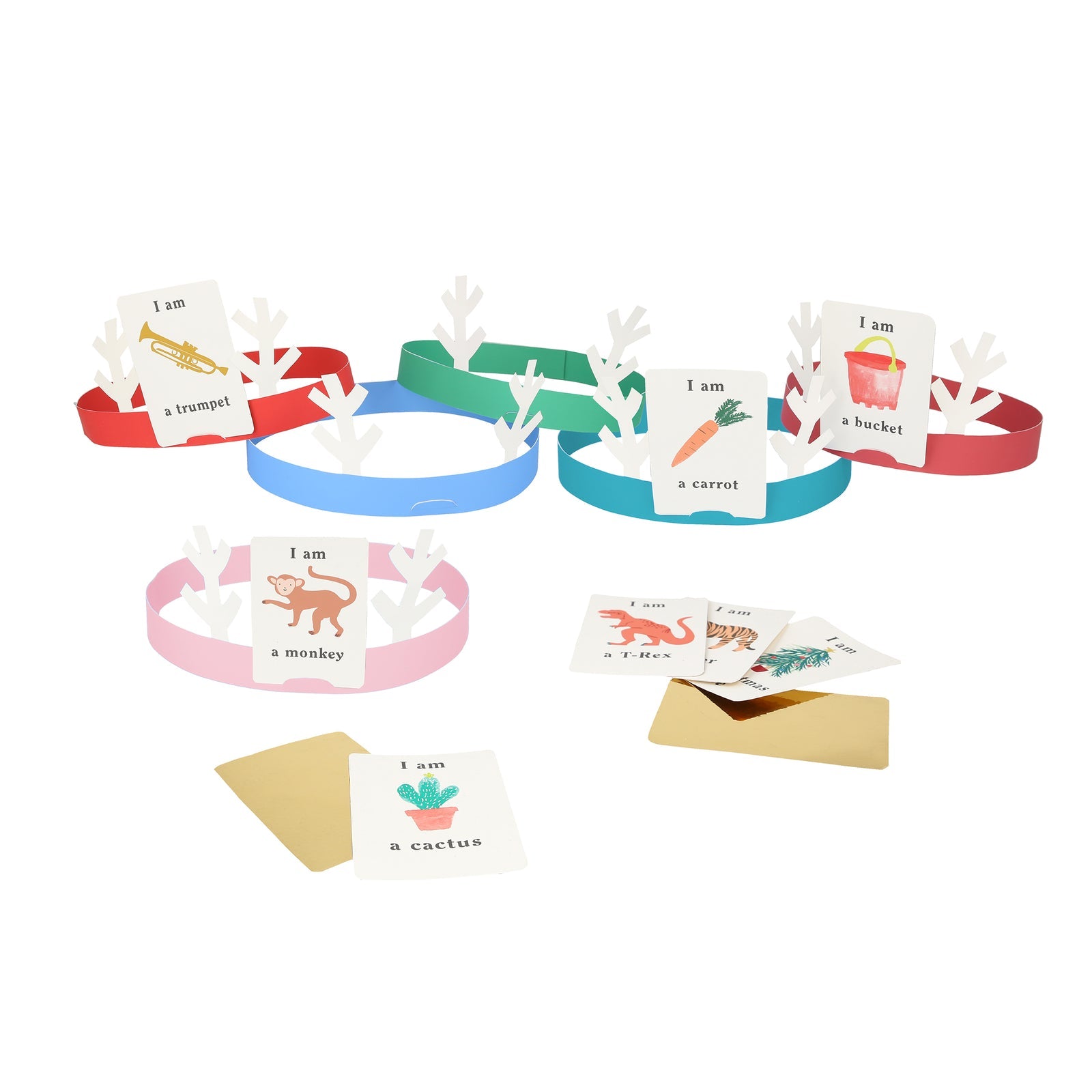Colorful paper hats with animal-themed cards on a white background.